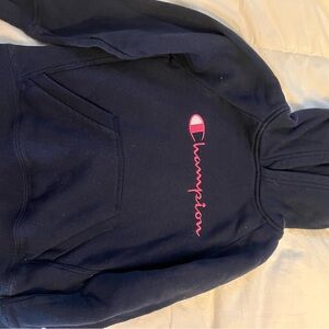 Champion Navy Blue Hoodie with Pink Logo